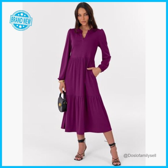Long Sleeve Maxi Dress Boho Tiered V Neck Flowy Casual Vacation with Pockets - Picture 5 of 7